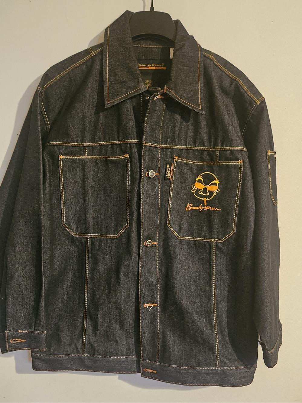 Vintage Brooklyn Xpress Embroidered Raw Denim Jacket XXL Y2K Hip Hop Streetwear